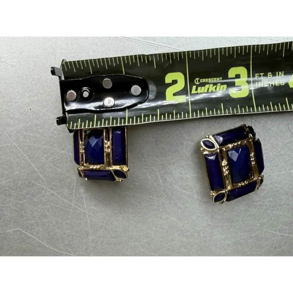 Vintage Chunky Gold Square Blue Clip On Earrings 1980s Faceted